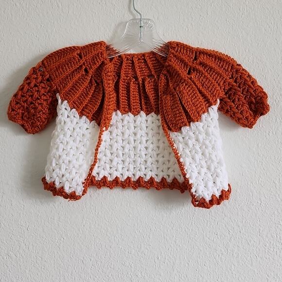 HANDMADE Sweater Crochet Cardigan Knit Yarn Size 12M White & Burnt Orange - Picture 1 of 5